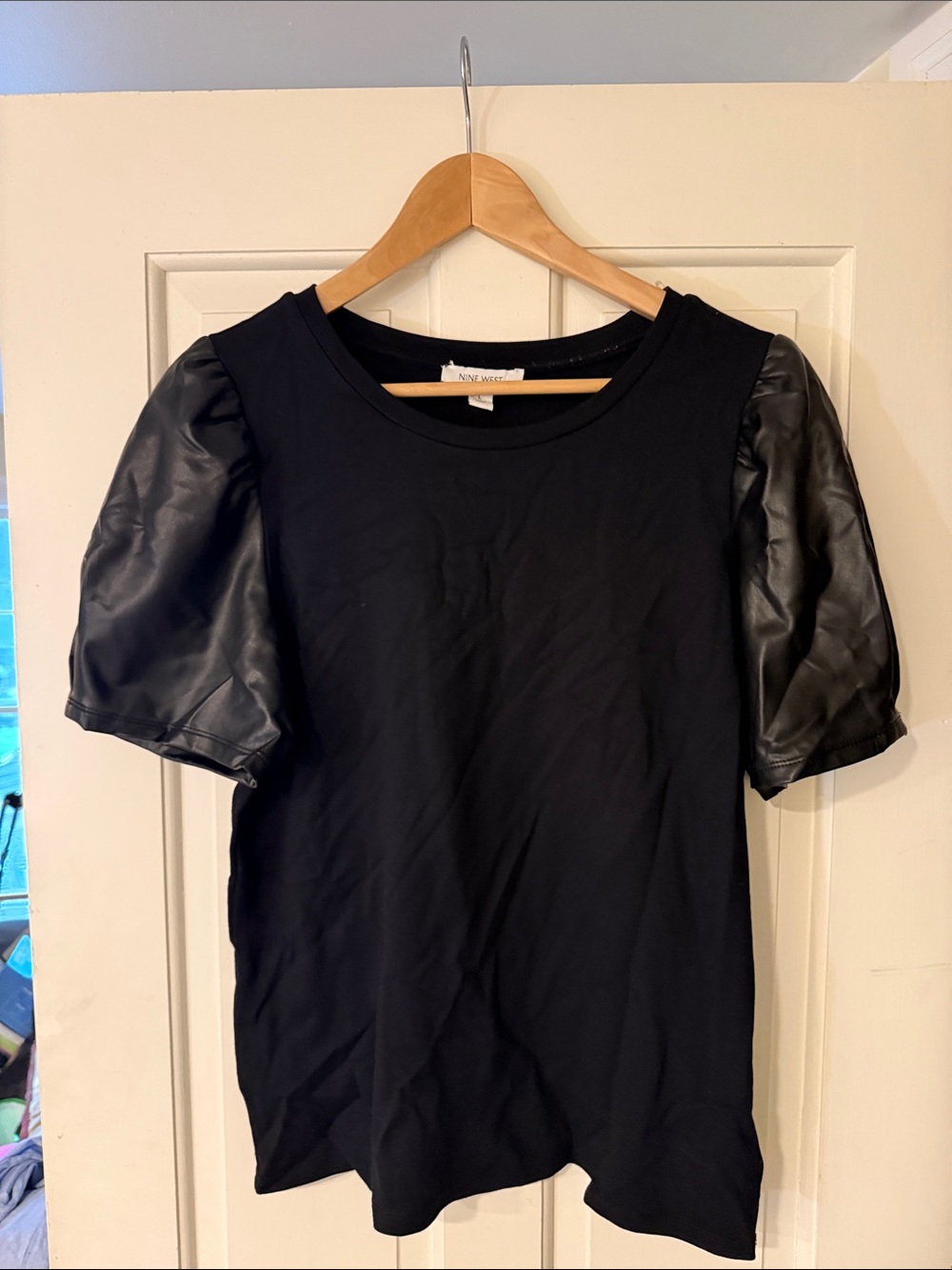 Nine West Black Top with Faux Leather Puff Sleeves